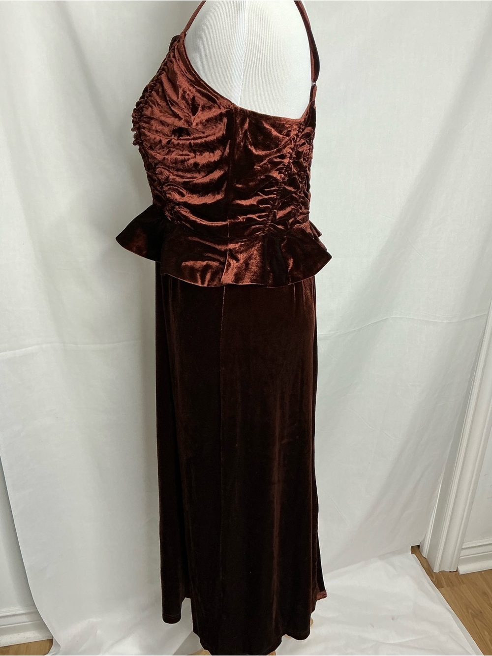2202 - Ruched Velvet Peplum Maxi Dress in Deep Chocolate - Picture 7 of 12